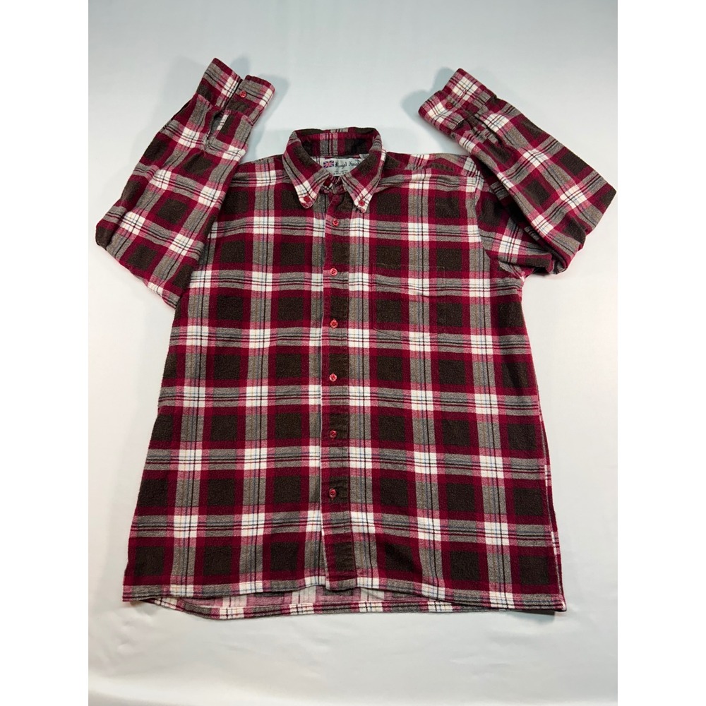 Royal Knight Mens Vintage‎ Flannel Shirt Red Brown Plaid Cotton Button Down M